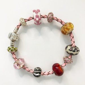 Pink Pleather Braid Bracelet with 10 Colourful Pendants